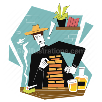 jenga, game, drink, beverage, cigarette, man